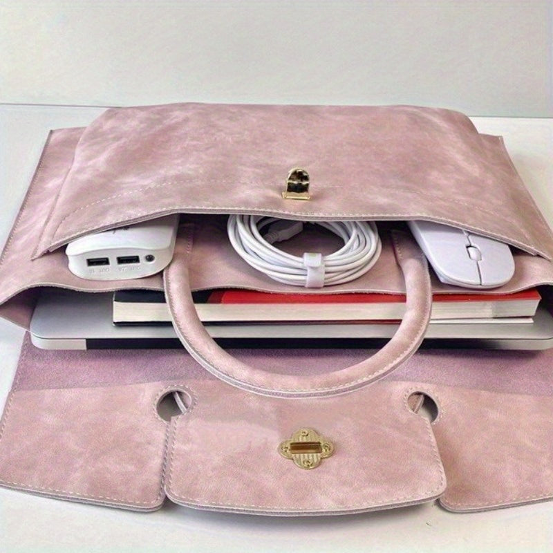 Pink Laptop Tote Bag for Women, Lightweight 13-16 Inch MacBook/ Notebook Bag with Metal Clasp, Stylish Work Commute Shoulder Bag for Office, College, Travel (Fits 13/ 14/ 15.6/ 16 Inch Laptops)